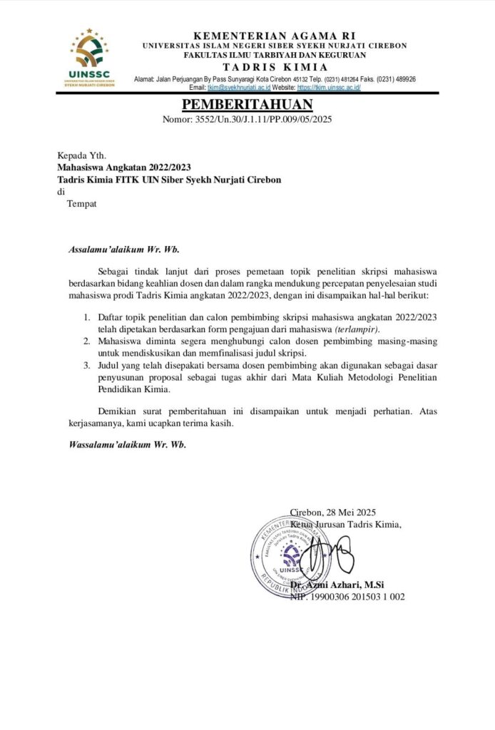 Pemberitahuan Calon Pembimbing Skripsi Angkatan 2022/2023